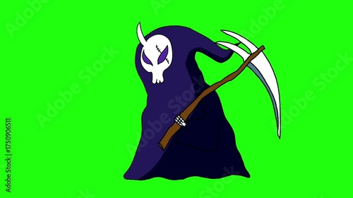The illustration depicts a grim reaper wearing a long black robe and a white skull as his face. He holds a large scythe with a wooden handle, creating a dark and eerie atmosphere typical of Halloween