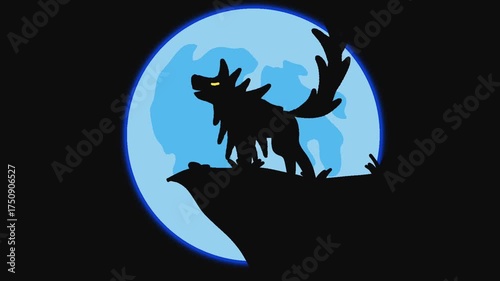 Silhouette of a wolf standing on a cliff against a backdrop of a large, blue full moon. This style of imagery creates a mysterious and dark atmosphere