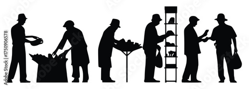 The Farmer's Market Silhouette: A depiction of a bustling farmer's market, featuring vendors and customers interacting, captured in elegant black silhouette.
