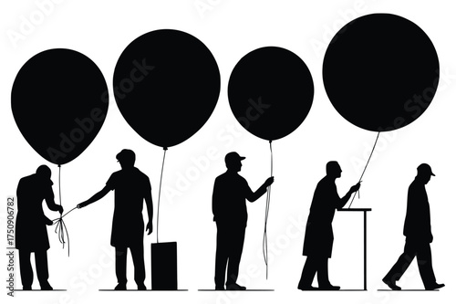 Mysterious Balloon Series: Mysterious figures with balloons in monochrome capture the essence of surrealism and intrigue, inviting viewers to ponder their purpose and narrative. 