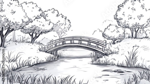 Pencil sketch of a serene landscape with a bridge over a stream.  Possible use Stock photo for nature, art, or educational purposes