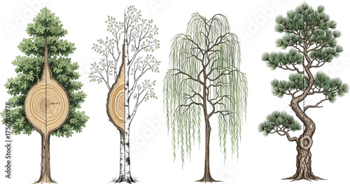 Realistic detailed tree cross section and full tree illustration set, showing wood rings, bark texture, and natural forest plant design
