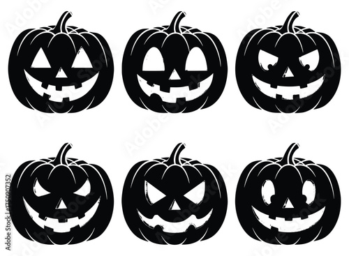 Spooky Pumpkin Patch: A collection of six carved pumpkins with various expressions, each illuminated with an inner glow, evoking the spirit of Halloween and the thrill of the night.