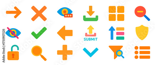 Flat colorful UI icon set featuring arrows, check marks, visibility toggles, search, upload, download, and interface actions