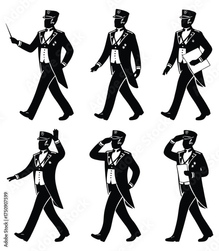 Orchestra Conductor Silhouette : A collection of monochrome silhouettes of an orchestra conductor in various poses, depicting the energy and precision of musical direction.