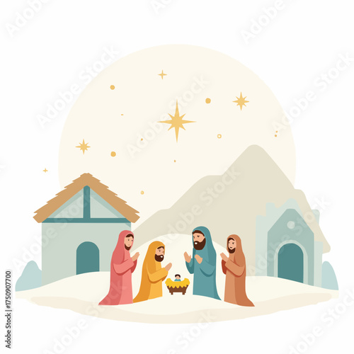 Nativity scene figurines placed on snowy village display with lights  
