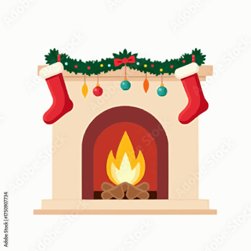 Christmas stocking hanging above fireplace with glowing fire and ornaments  