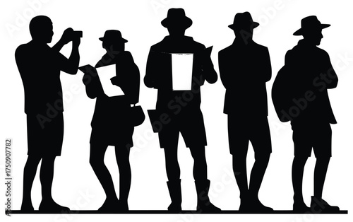 Shadowed Travelers' Silhouette: A group of travelers stand in silhouette, their forms hinting at exploration, observation, and the spirit of discovery.