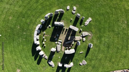 Drone view of Stonehenge and Wiltshire Countryside in England, UK. The stone circle dates to 3000 BC and is one of the best known ancient wonders of the world and UNESCO World Heritage Site.