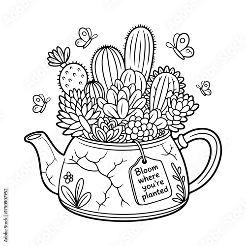 Foto Floral Cactus Teapot coloring page for kids and adults in clean line art style