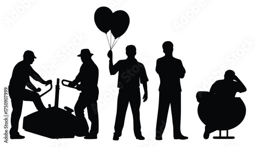 Silhouette: Everyday Life Moments Depicted: Five men from diverse walks of life are portrayed through striking silhouettes, with balloons signifying joy, other holding equipment.