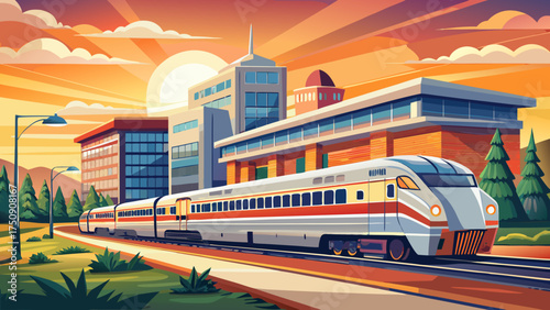 
Very beautiful Virginia Railway Express train at Manassas station surrounded by modern buildings, peaceful suburb atmosphere, and soft golden evening glow.