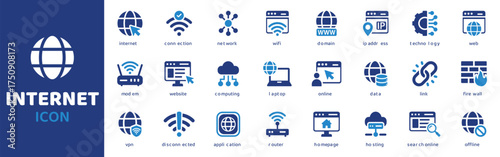 Internet icon set. Containing website, link, data, web, online, domain, technology, modem, VPN, hosting, connection and more. Solid vector icons collection.