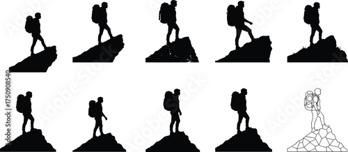 Silhouette hiker climbing rocky mountain trail with backpack, outdoor adventure journey, trekking progression, hiking success, exploration achievement vector illustration