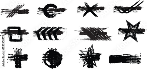Bold Black Brush Strokes Vector Set – Grunge Paint Splatters, Scribble Textures, Ink Smears, and Spray Paint Drips for Logos, Typography, Posters, and Creative Graphic Design