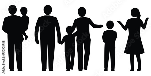 Silhouette of Family: A visual representation of family members, depicting a diverse group engaging in various activities, perfect for illustrating familial bonds and togetherness.