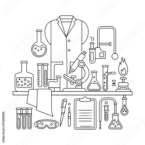 Science Lab Equipment kids and adults coloring page in hand drawn line art style. Printable black and white illustration for mindfulness, creativity, and relaxing art activities.