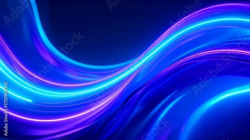Abstract Blue Purple Neon Light Streaks Flowing Wave Motion Dark Background Energetic Digital Art