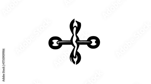 A stylized graphic of a broken chain with flames in the center, presented in black and white.