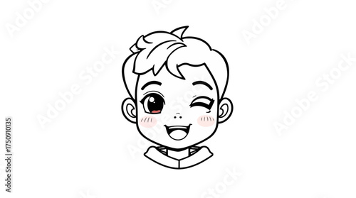 Cartoon illustration of a young boy's face, winking with a cheerful smile, outlined in black on a white background.