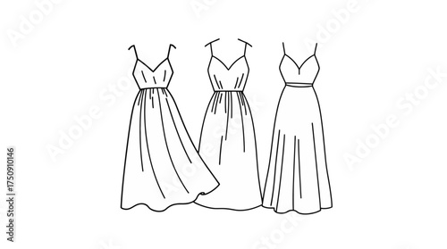 Three elegant dresses are displayed in a line, showcasing different styles.