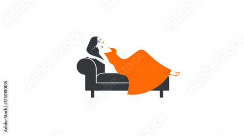A woman reclines on a couch, holding up a vibrant orange dress, contemplating.