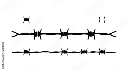 Two rows of barbed wire are displayed, along with a single barb and a parenthesis symbol, all in black against a white background.