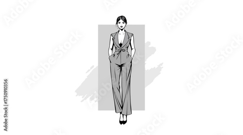 Illustration of a woman in a stylish pantsuit with hands in pockets, standing against a gray backdrop.