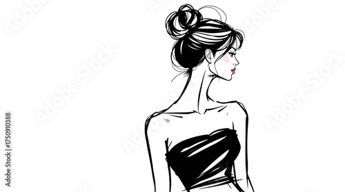 A woman with a high bun hairstyle and a black strapless top looks to the side in a stylized illustration.