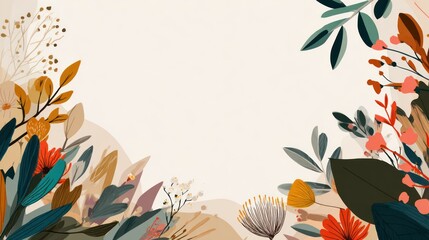 Autumnal plant illustration with a beige backdrop, featuring diverse colorful foliage