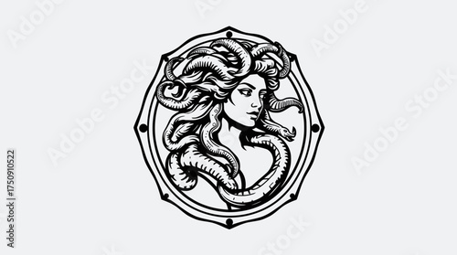 A stylized illustration of Medusa's portrait, framed within an ornate, geometric border.
