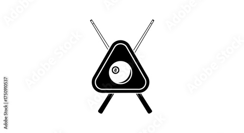 A black and white graphic showing a pool ball within a triangle and cues.
