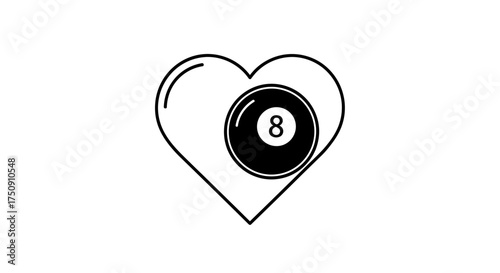 A black and white illustration depicting a heart shape embracing a pool ball.