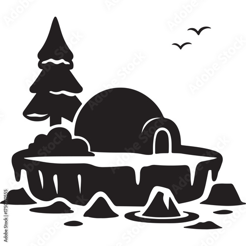 Minimalist Arctic Landscape Silhouette  Igloo, Snow, and Winter Wilderness Vector Illustration