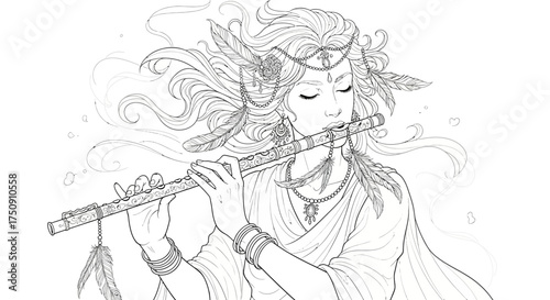 A serene illustration of a woman playing the flute with her eyes closed, surrounded by flowing details.