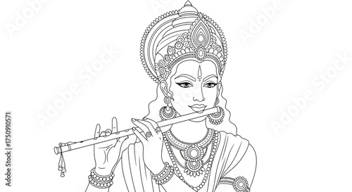 Detailed line art illustration of a deity playing a flute, adorned with elaborate jewelry.
