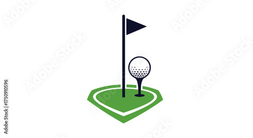Simple illustration of a golf ball, flag, and green on a white background.