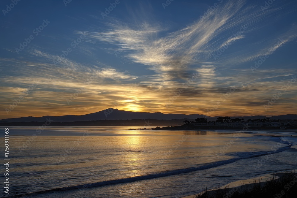 Fototapeta premium Sunset over calm ocean, mountain backdrop