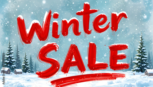 Winter Sale Promotion Banner with Red Text  Snowy Forest