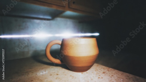 Clay mug illuminated by soft light, showcasing unique textures a