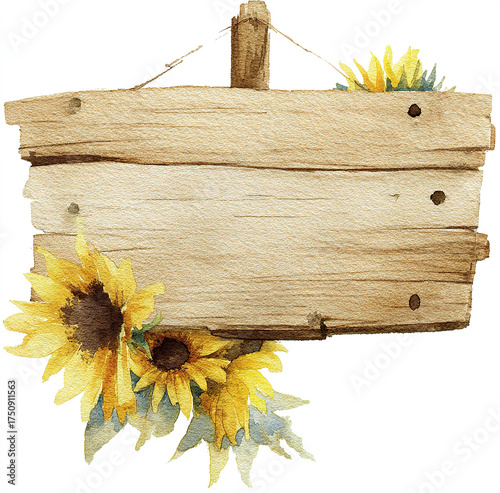 
Watercolor painting of a simple wooden sign with sunflower clipart, in neutral beige colors on a white background.