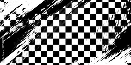 Race flag grunge background, car rally or motocross finish flag with vector checker pattern. Grunge race flag for car racing sport or bike speedway, motorsport