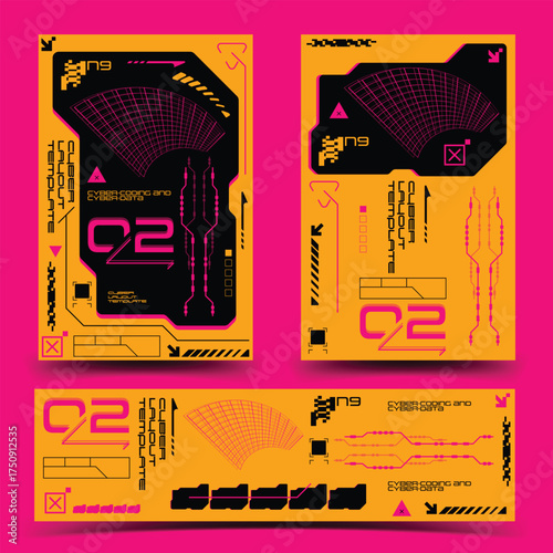 y2k 2000s scifi cyberpunk retro-futuristic layout template set dashboard for ux-ui application, 2d vector illustration