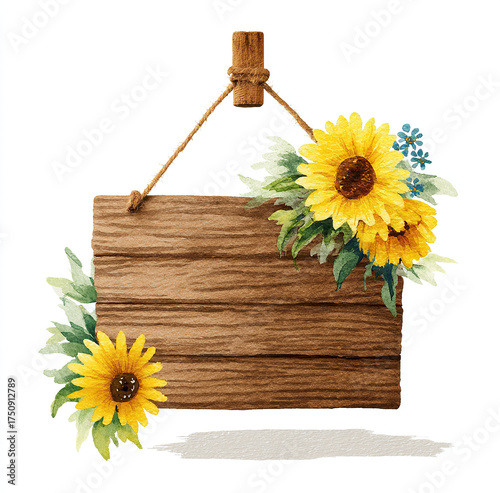Watercolor, simple clean wooden sign with sunflower clipart, white background.