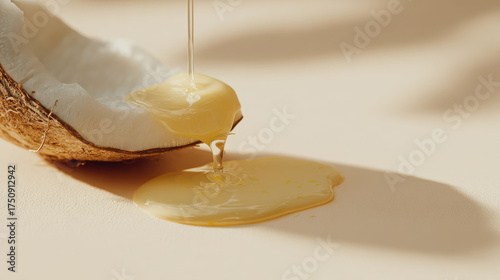 Fresh coconut with oil pouring into it, healthy food concept. a halved coconut with oil being poured into it, perfect for illustrating healthy eating and natural products