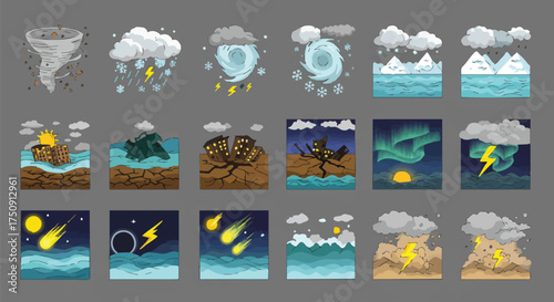 A comprehensive collection of pixel art icons illustrating various natural disasters, severe weather conditions, and environmental phenomena.