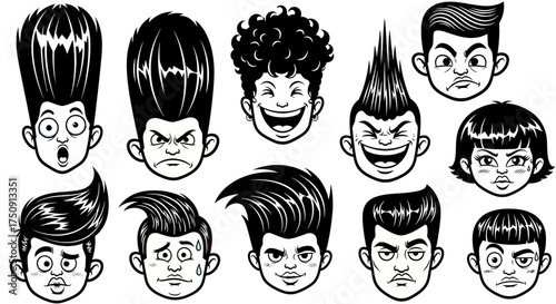 Collection of cartoon faces with various hairstyles and expressions, rendered in black and white.
