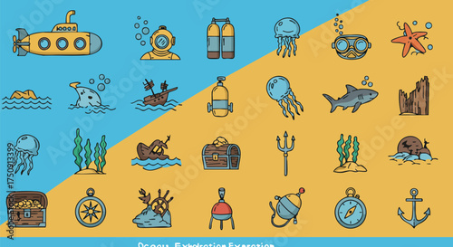 A colorful array of hand-drawn vector icons depicting submarines, marine creatures, diving gear, and sunken treasures for ocean-themed design.
