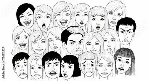 A collection of diverse faces expressing various human emotions and feelings.