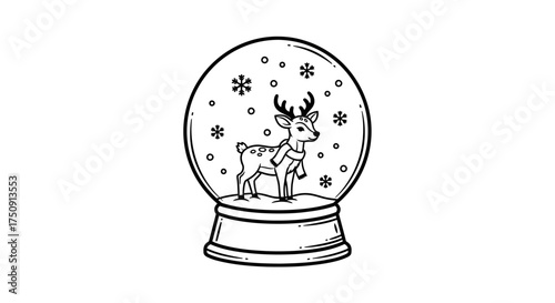 A detailed illustration of a snow globe featuring a reindeer inside, with snowflakes.